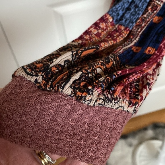 Umgee waffle knit patchwork sleeves top blouse Womens L Oversized cozy Bohemian - Picture 6 of 12